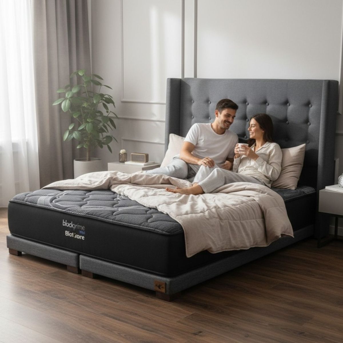 BLOCCARE - Cama 2 Plaza Box 8cm - L190cm + Colchon Black Prime - Modelo Uno+ Respaldo /Con Pata 24 cm(Gris)