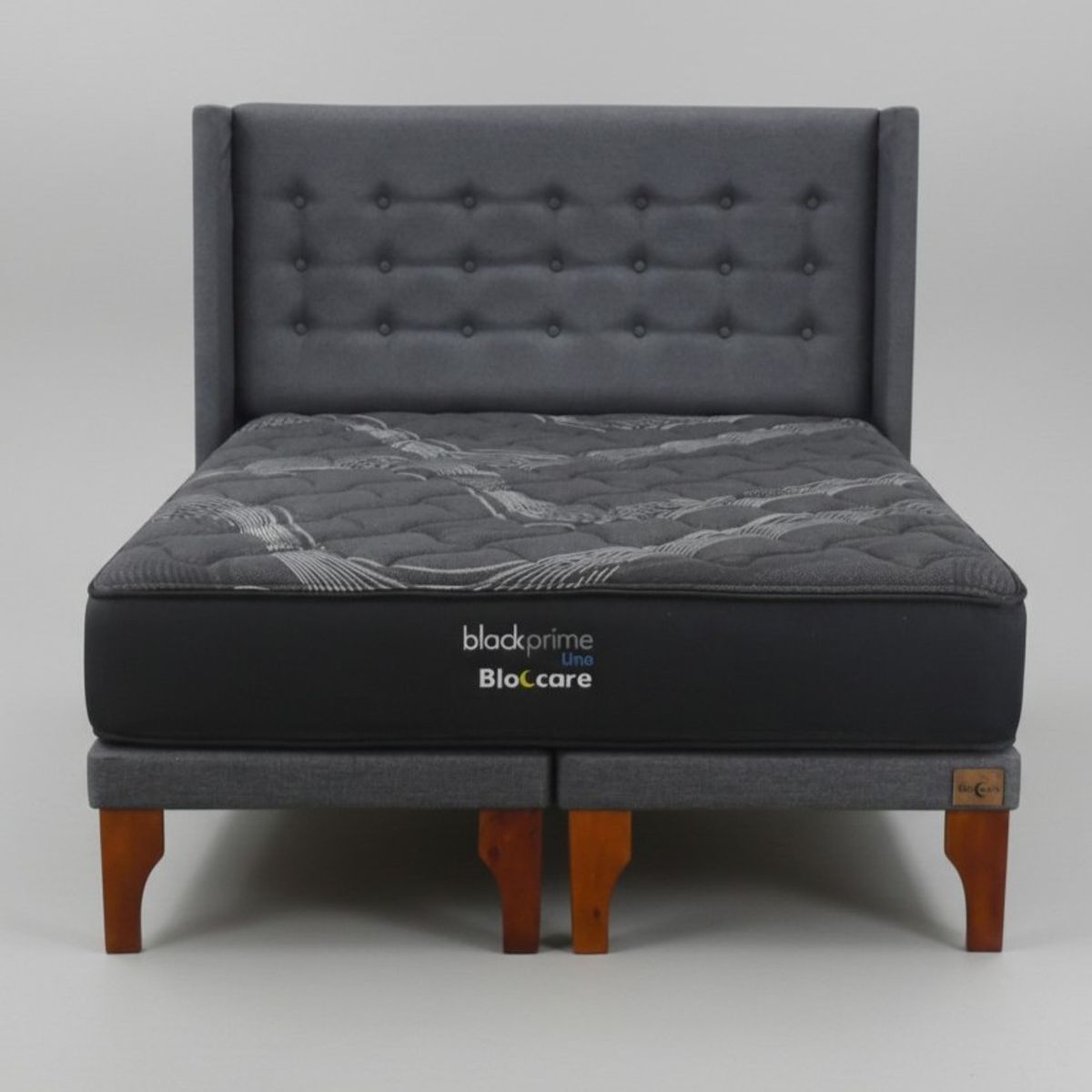 BLOCCARE - Cama 2 Plaza Box 8cm - L190cm + Colchon Black Prime - Modelo Uno+ Respaldo /Con Pata 24 cm(Gris)