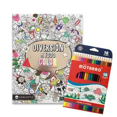 GENERICO - Libro para colorear - Diversión a todo color - Doodles para colorear + 18 lápices de colores