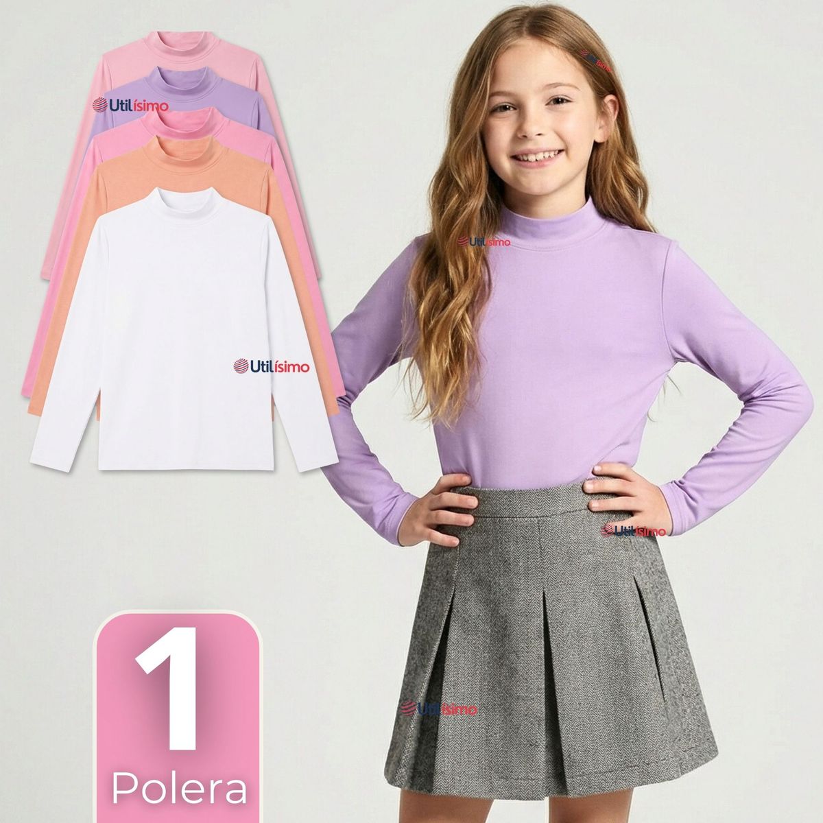 UTILISIMO - Polera Camiseta Bambú Cuello Beatle Primera Capa Manga Larga Colores Surtido Niña
