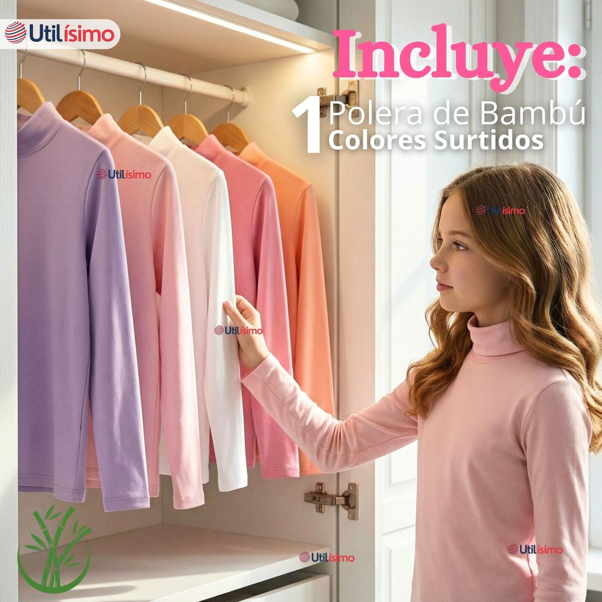 UTILISIMO - Polera Camiseta Bambú Cuello Beatle Primera Capa Manga Larga Colores Surtido Niña