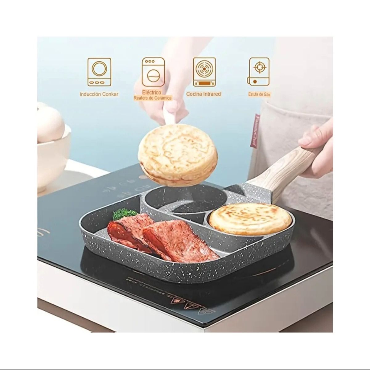 GENERICO - Sartén Antiadherente 3 Espacios Desayuno Huevos Pancakes Cocina Multiuso