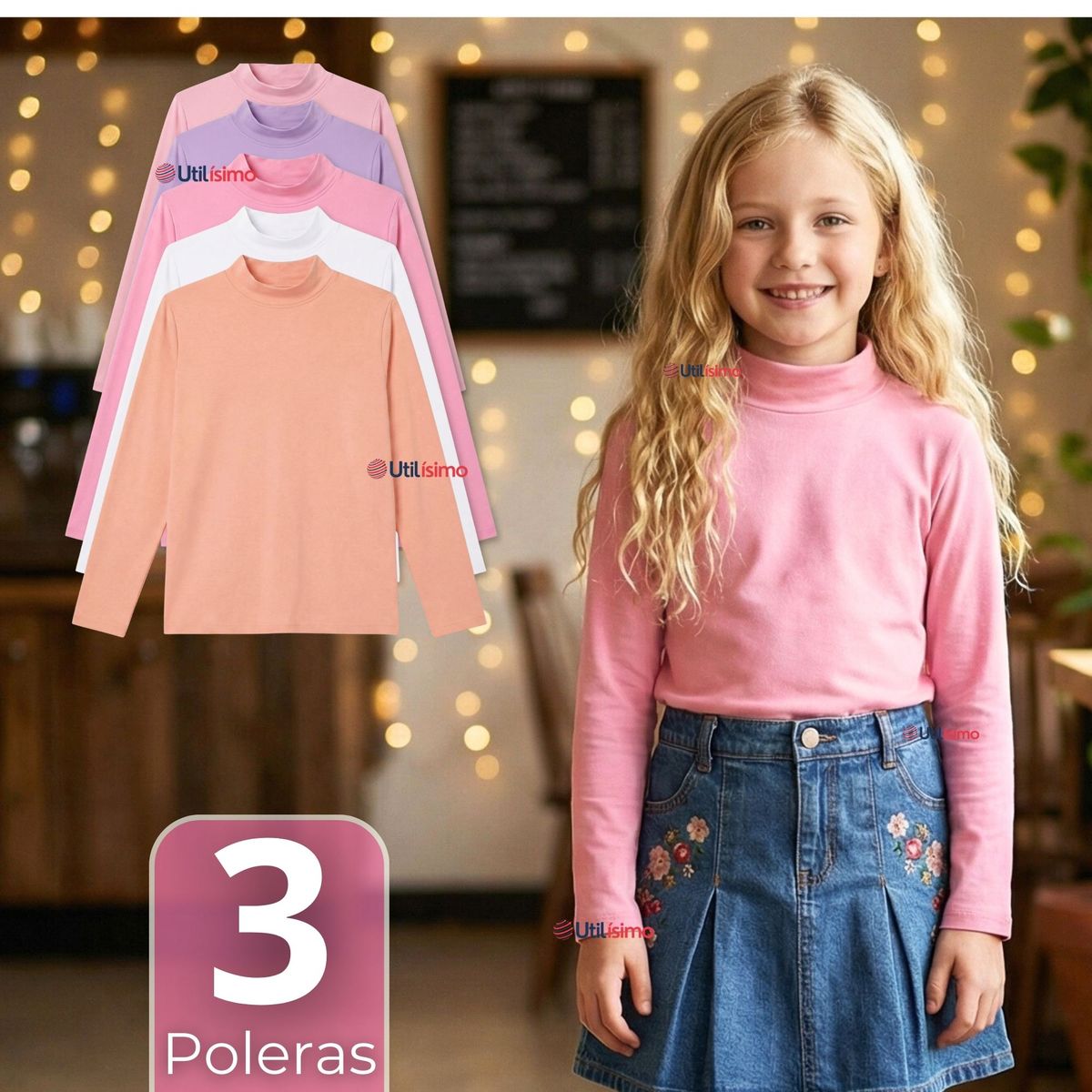 UTILISIMO - Pack 3 Poleras Camisetas Bambú Cuello Beatle Primera Capa Manga Larga Colores Surtido Niña