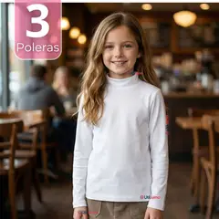 UTILISIMO - Pack 3 Poleras Camiseta Bambú Blanca Cuello Beatle Primera Capa Manga Larga Niña