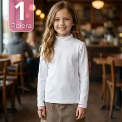 UTILISIMO - Polera Camiseta Bambú Blanca Cuello Beatle Primera Capa Manga Larga Niña