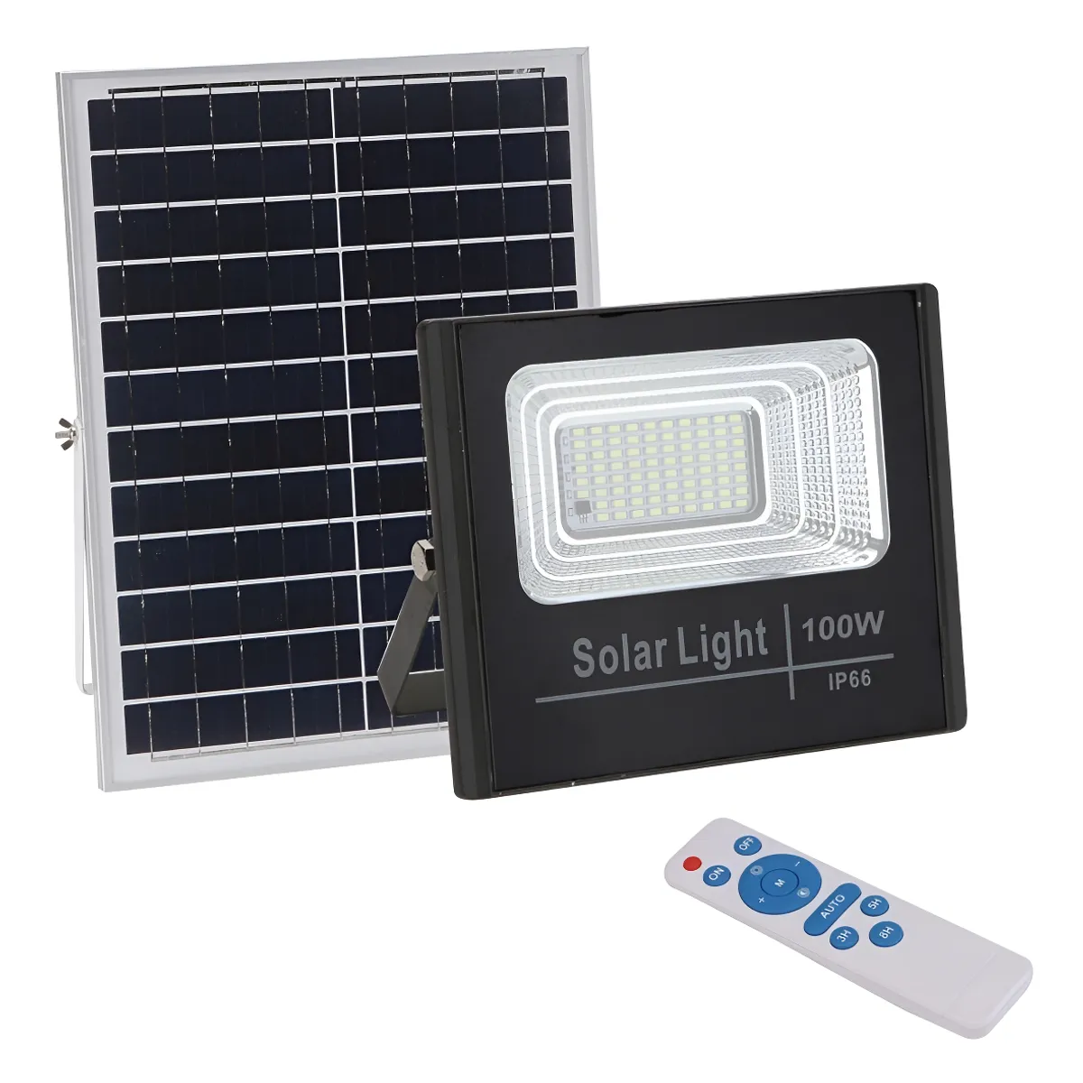 GENERICO - Lampara Foco Led Solar 100w + Control Remoto Soporte 003312 Carcasa Negro Luz Blanco Frío-003312 C