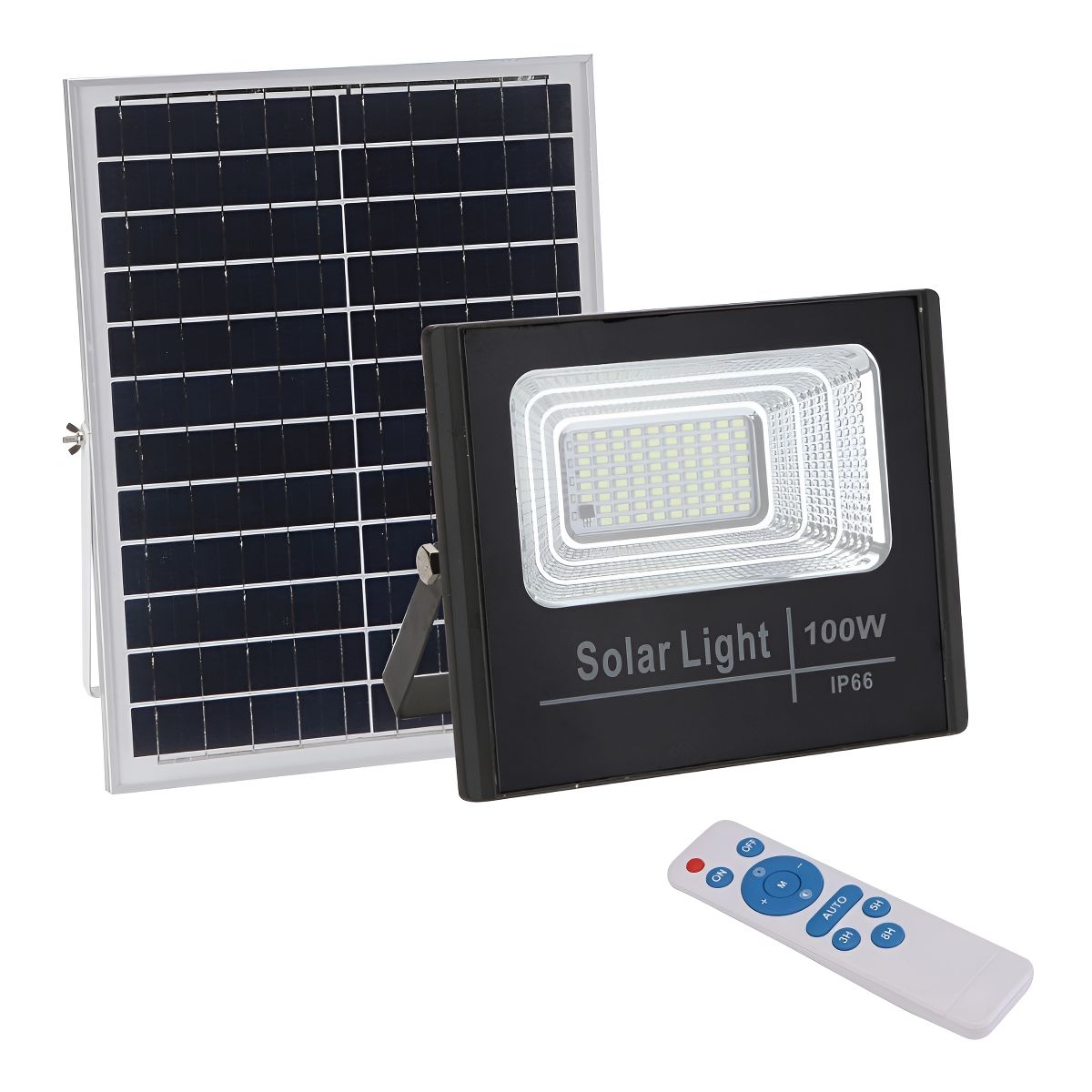 GENERICO - Lampara Foco Led Solar 100w + Control Remoto Soporte 003312 Carcasa Negro Luz Blanco Frío-003312 C