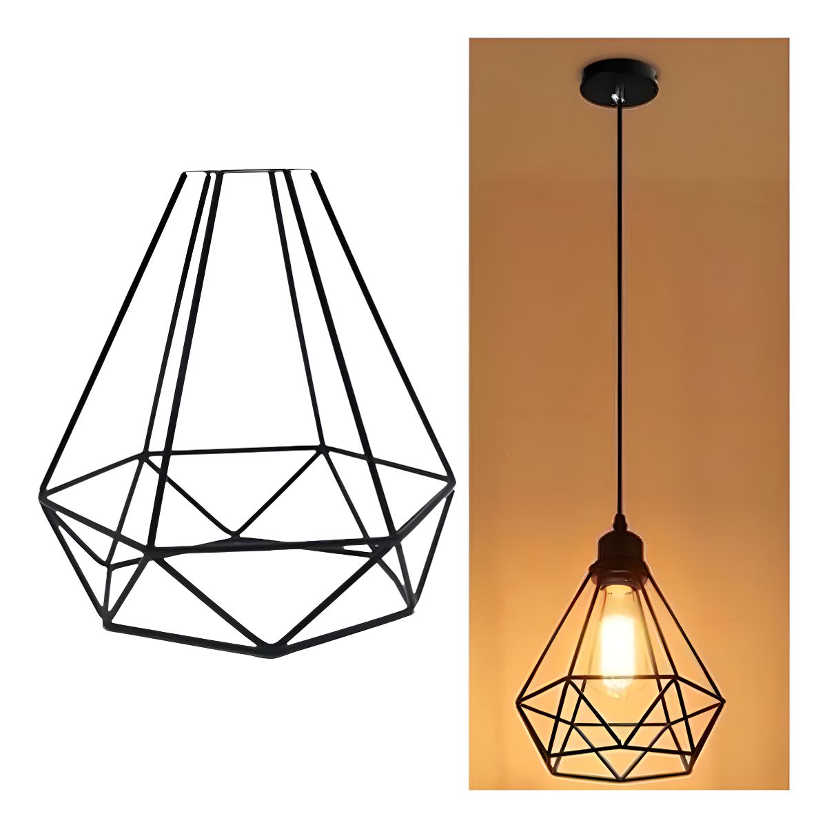GENERICO - Lampara De Fierro Colgante Tipo Diamante + Ampolleta Vintage Color Negro