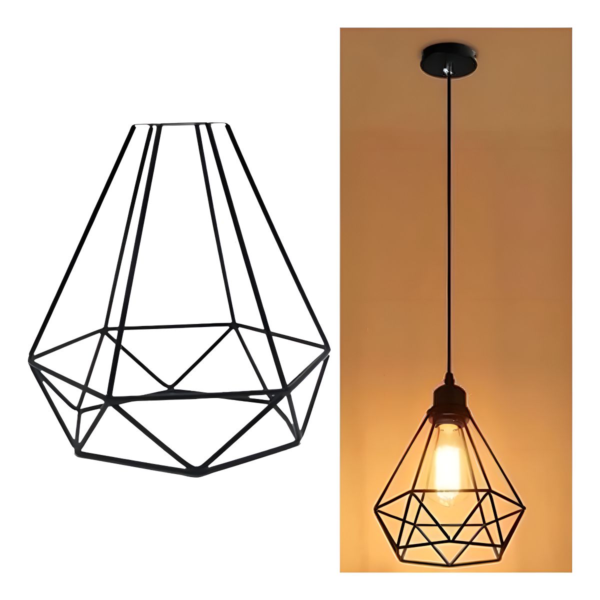 GENERICO - Lampara De Fierro Colgante Tipo Diamante + Ampolleta Vintage Color Negro