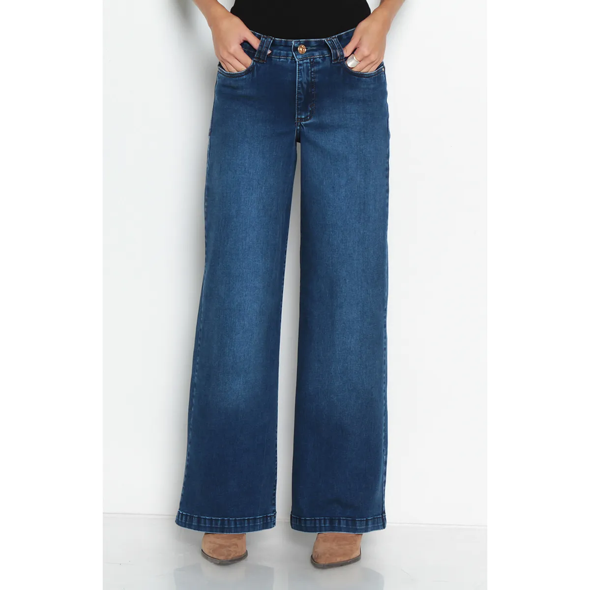 WADOS - JEANS MUJER WIDE TIRO ALTO PRETINA BASICO UN BOTON