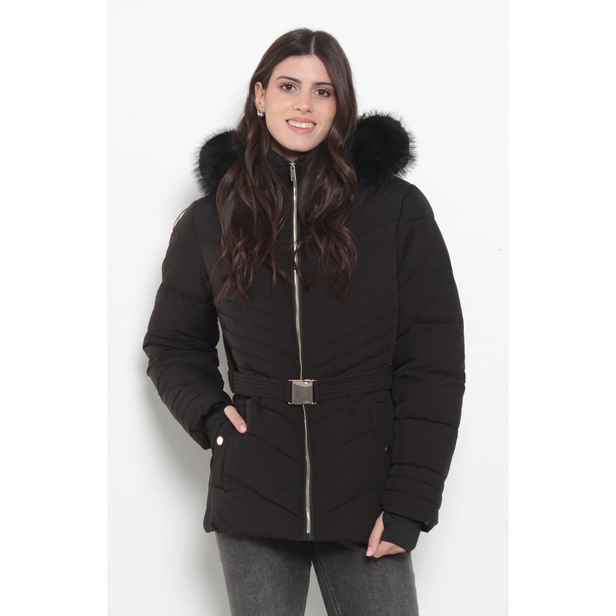 WADOS - PARKA MANGA LARGA  CAPUCHA PIEL SINTETICA Y CINTURON