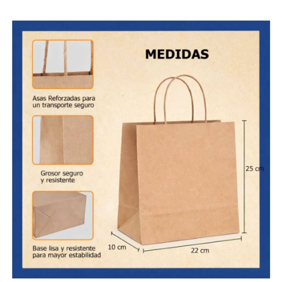 GENERICO - Bolsa De Papel Kraft 22x25 Con Manilla 50 Unidades