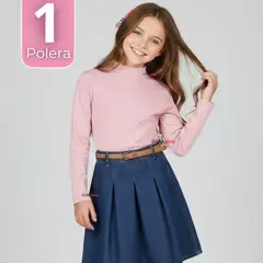 UTILISIMO - Polera Camiseta Bambú Cuello Beatle Primera Capa Rosado Claro Manga Larga Niña
