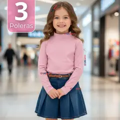 UTILISIMO - Pack 3 Poleras Camisetas Bambú Cuello Beatle Primera Capa Rosado Claro Manga Larga Niña