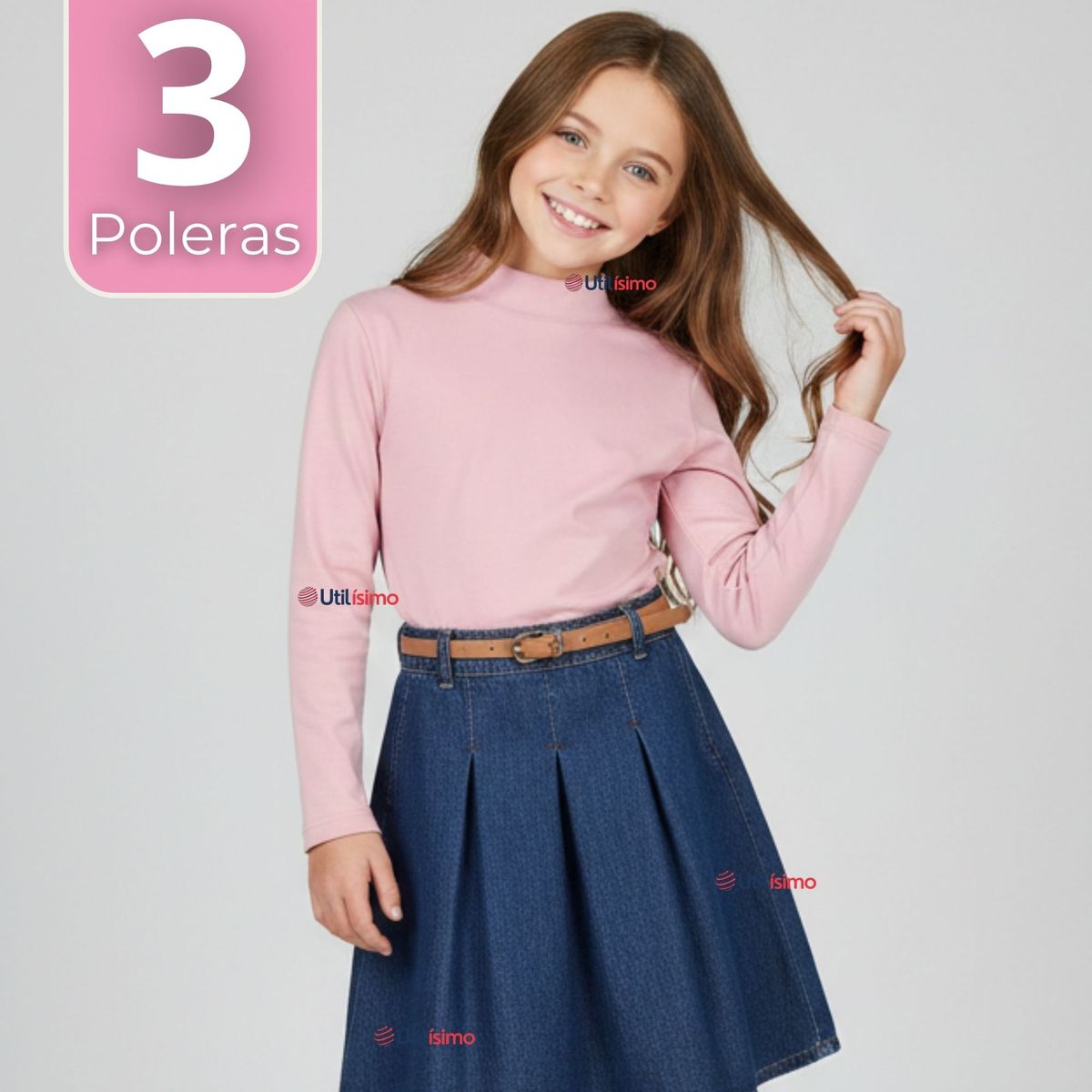 UTILISIMO - Pack 3 Poleras Camisetas Bambú Cuello Beatle Primera Capa Rosado Claro Manga Larga Niña
