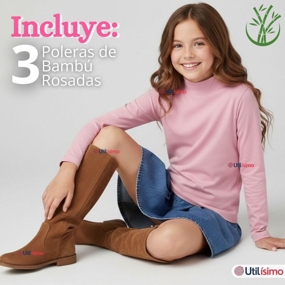 UTILISIMO - Pack 3 Poleras Camisetas Bambú Cuello Beatle Primera Capa Rosado Claro Manga Larga Niña