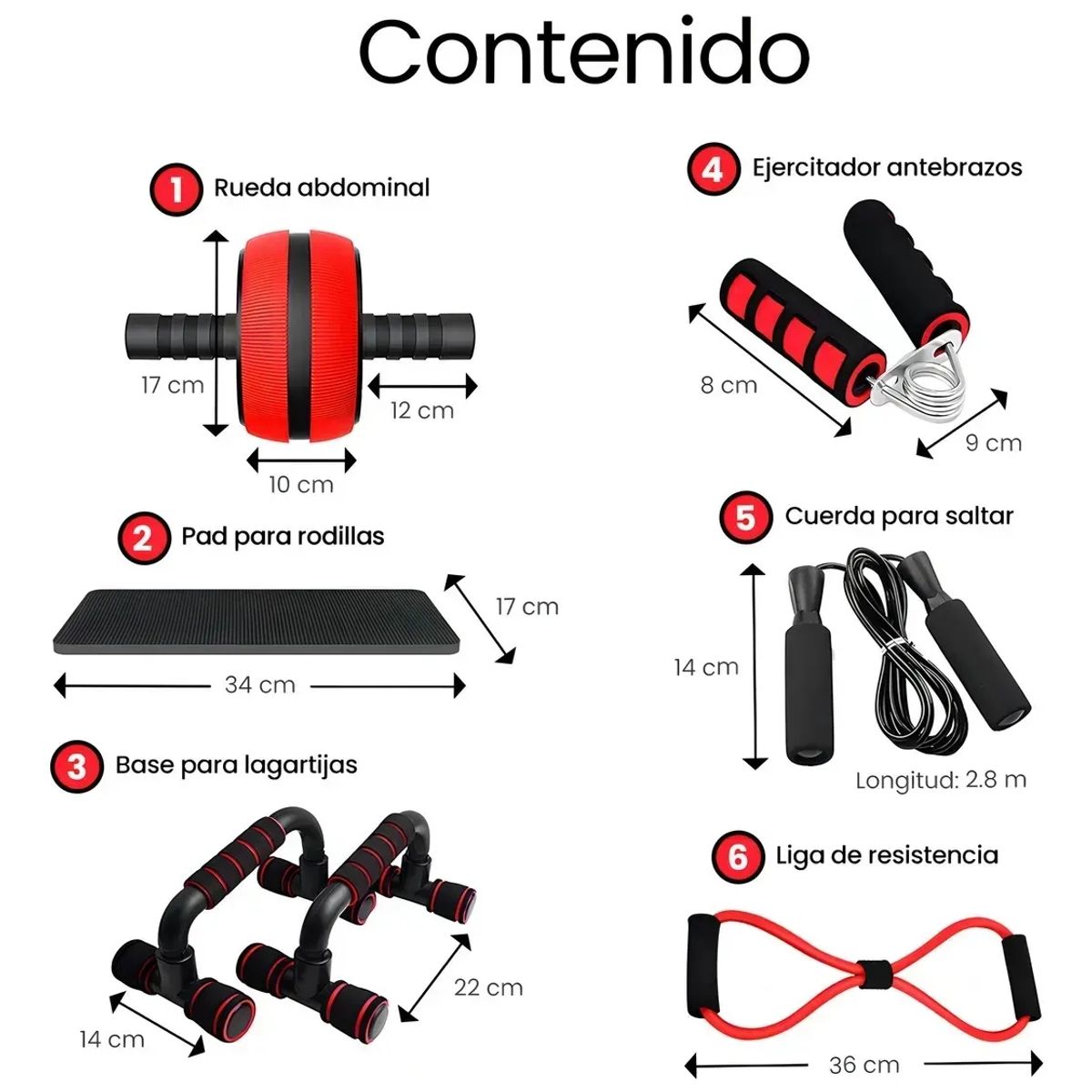 ATURE - Juego De Ejercicios Con Rueda Abdominal De 12 Piezas Rojo