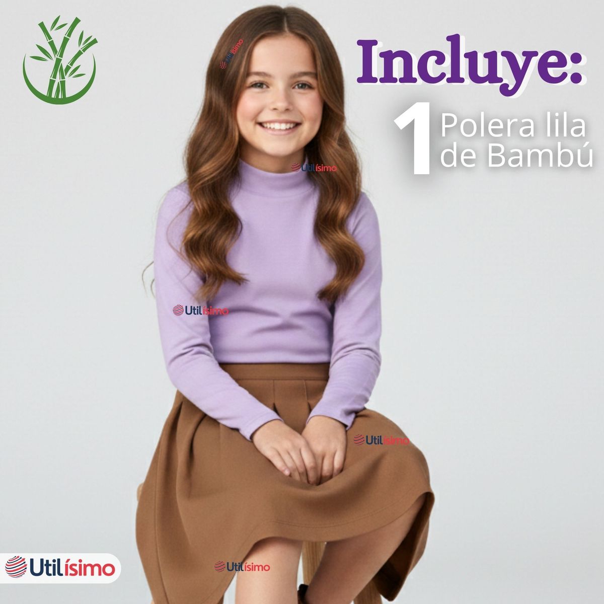 UTILISIMO - Polera Camiseta Bambú Lila Cuello Beatle Primera Capa Manga Larga Niña