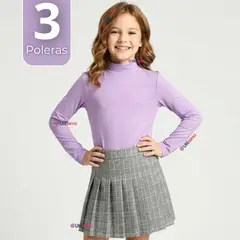 UTILISIMO - Pack 3 Poleras Camisetas Bambú Lila Cuello Beatle Primera Capa Manga Larga Niña