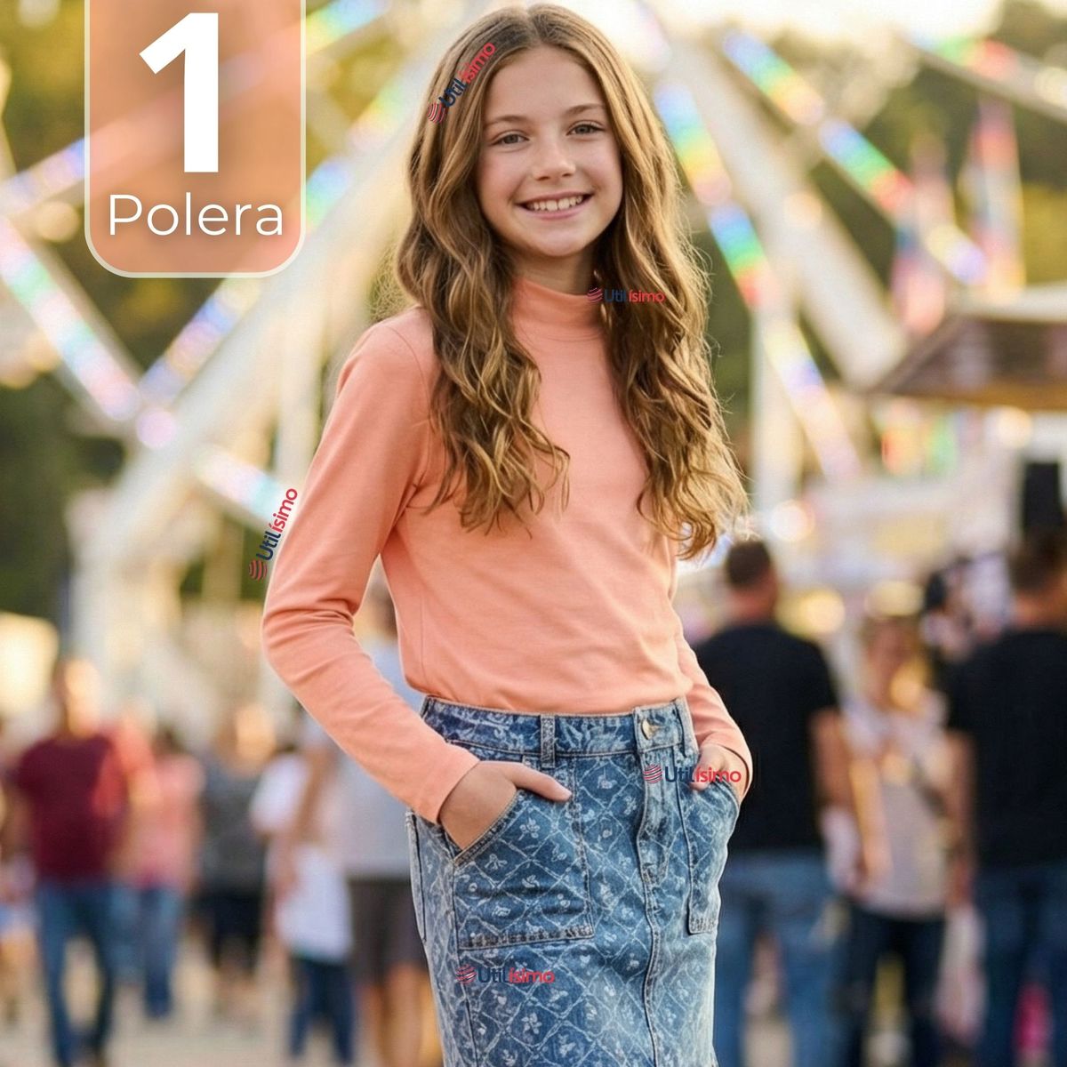 UTILISIMO - Polera Camiseta Bambú Salmón Cuello Beatle Primera Capa Manga Larga Niña