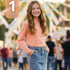 UTILISIMO - Polera Camiseta Bambú Salmón Cuello Beatle Primera Capa Manga Larga Niña