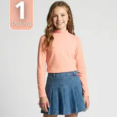 UTILISIMO - Polera Camiseta Bambú Salmón Cuello Beatle Primera Capa Manga Larga Niña