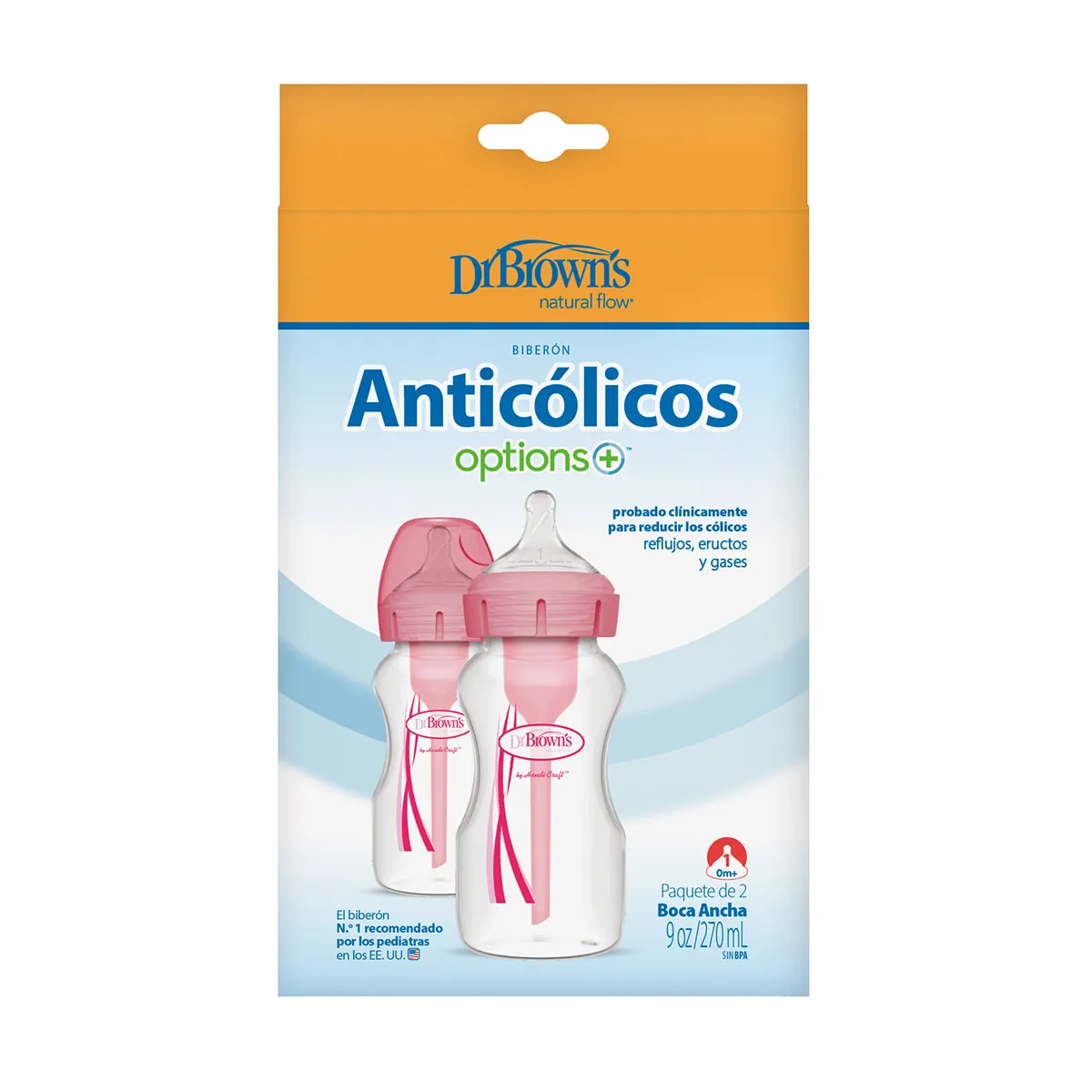 DR BROWN'S - Pack 2 Mamaderas Dr. Brown's Anticólicos Boca Ancha 270ml Rosa Options+