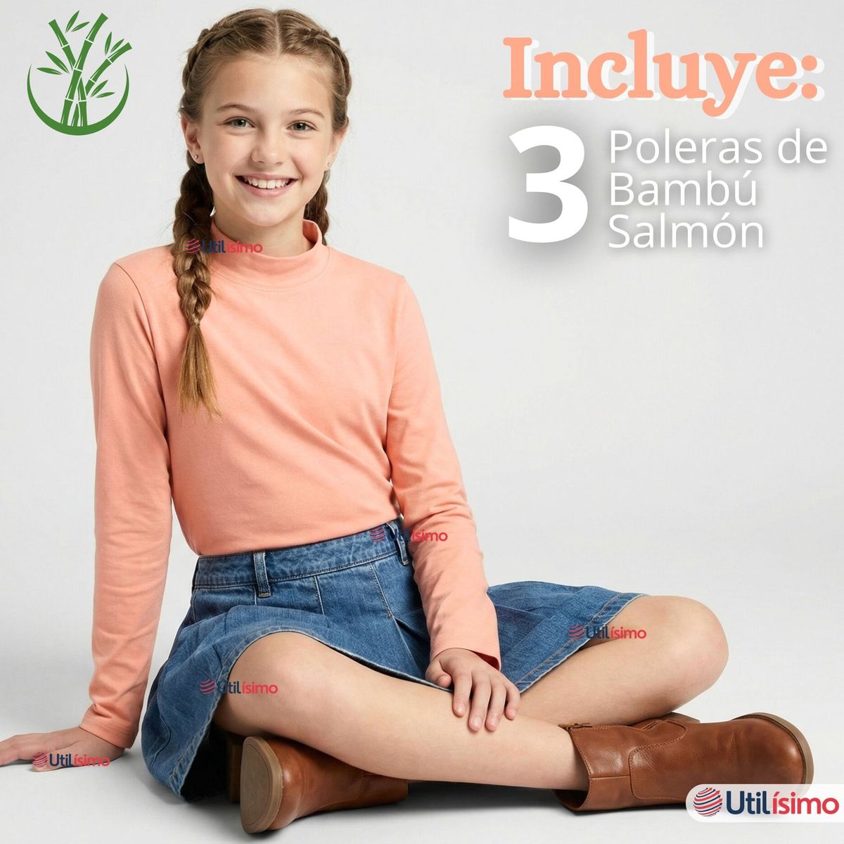 UTILISIMO - Pack 3 Poleras Camisetas Bambú Salmón Cuello Beatle Primera Capa Manga Larga Niña