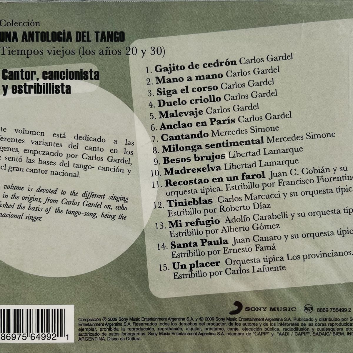 GENERICO - UNA ANTOLOGIA DEL TANGO - CANTOR, CANCIONISTA Y ESTRIBILLISTA / CD