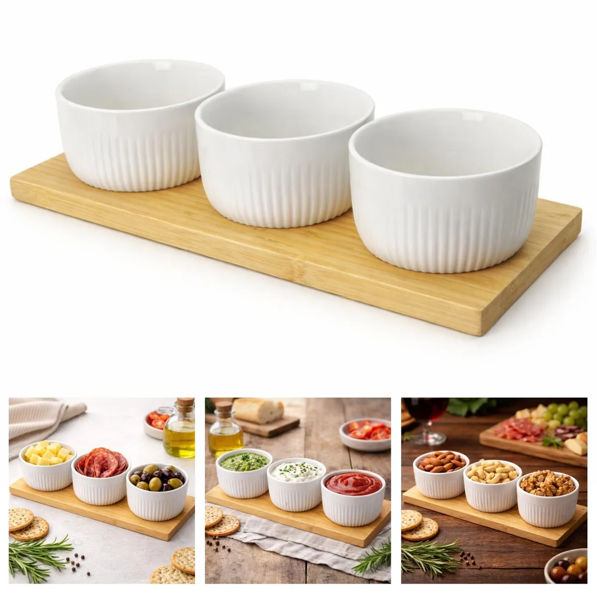 FLIPEREX - Set Tabla Picoteo Cocktail Pocillos Porcelana Blanco Madera