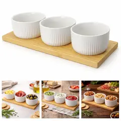GENERICO - Set Tabla Picoteo Cocktail Pocillos Porcelana Blanco Madera