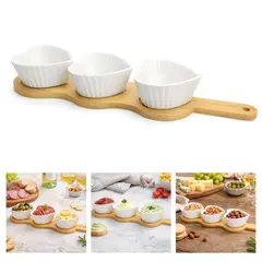 GENERICO - Tabla De Picoteo Madera 3 Pocillos Porcelana Cocktail Salsa