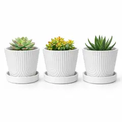 FLIPEREX - Set 3 Maceteros Con Plato Maceta Ceramica Blanco Decorativo