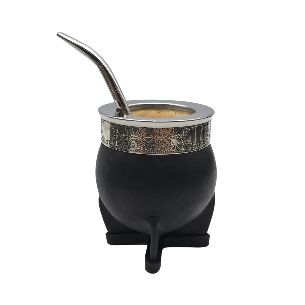 FLIPEREX - Mate Imperial De Calabaza Con Cuero y Virola De Alpaca - Negro - Legado
