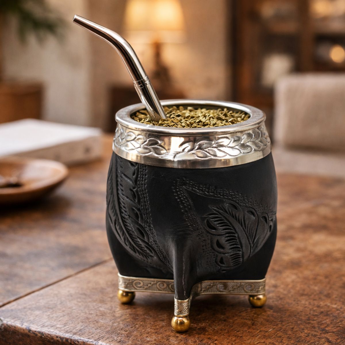 FLIPEREX - Mate Torpedo Negro de Calabaza con Virola Cincelada - Negro - Criollo