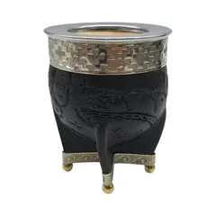 FLIPEREX - Mate Imperial Negro de Calabaza Cuero Labrado con Alpaca - Negro - Rombo