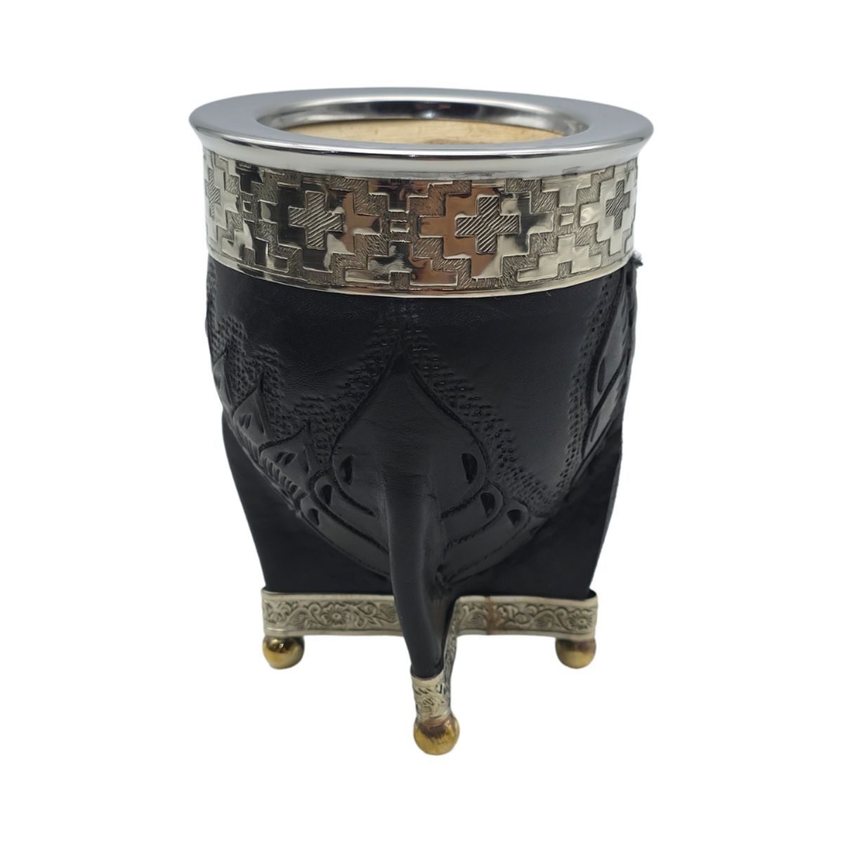 FLIPEREX - Mate Imperial Negro de Calabaza Cuero Labrado con Alpaca - Negro - Noble
