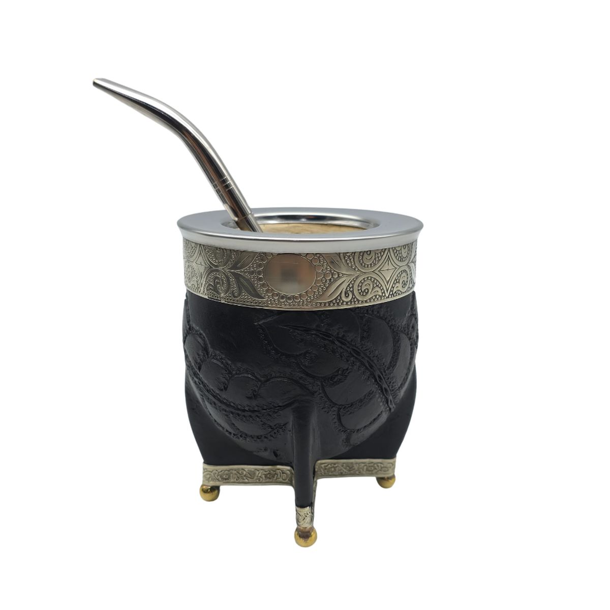 FLIPEREX - Mate Imperial Negro de Calabaza Cuero Labrado con Alpaca - Negro - Noble