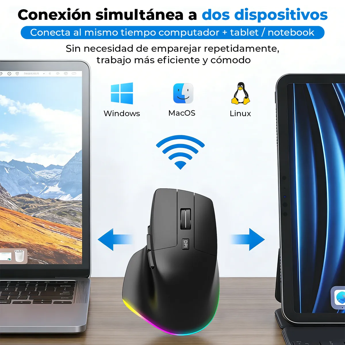 VIDITA - Mouse Inalámbrico Recargable 2.4G + Bluetooth Ergonómico 6 Botones DPI Ajustable Oficina