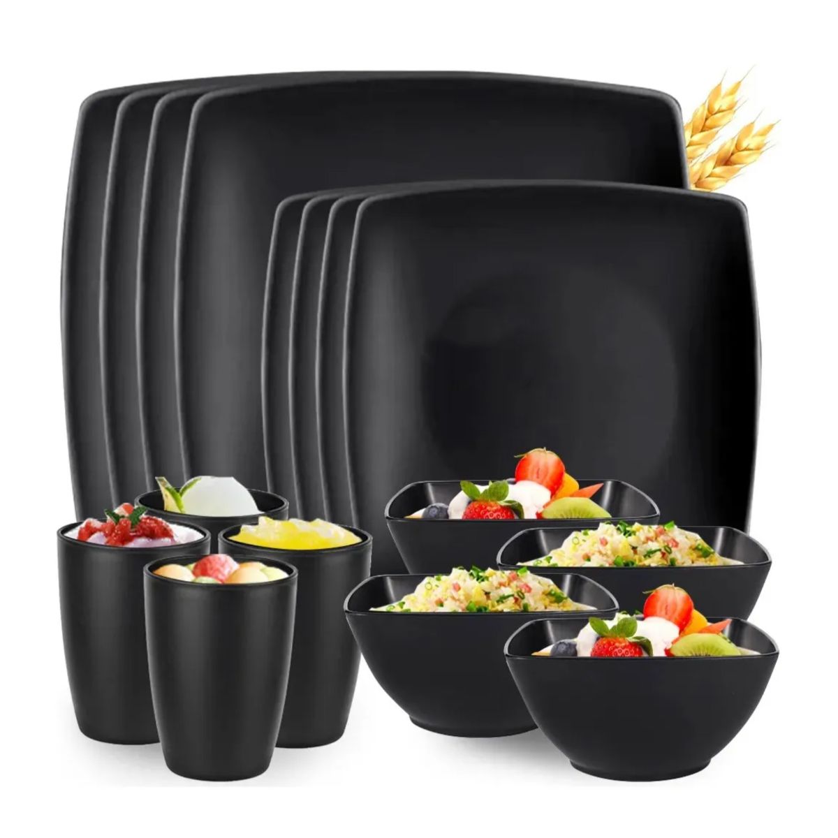 KINDA NICE - 16pcs Juego De Vajilla De Paja De Trigo Plato Y Tazas Negro Negro