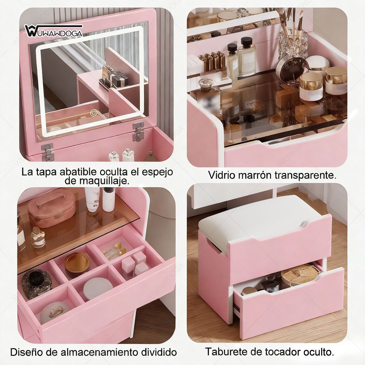 UENMI - Mesa De Maquillaje Con Espejo Y Luz Y Taburete Oculto Rosa