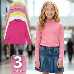 UTILISIMO - Pack 3 Poleras Camisetas Polar Primera Capa Cuello Beatle Manga Larga Colores Surtido Niña