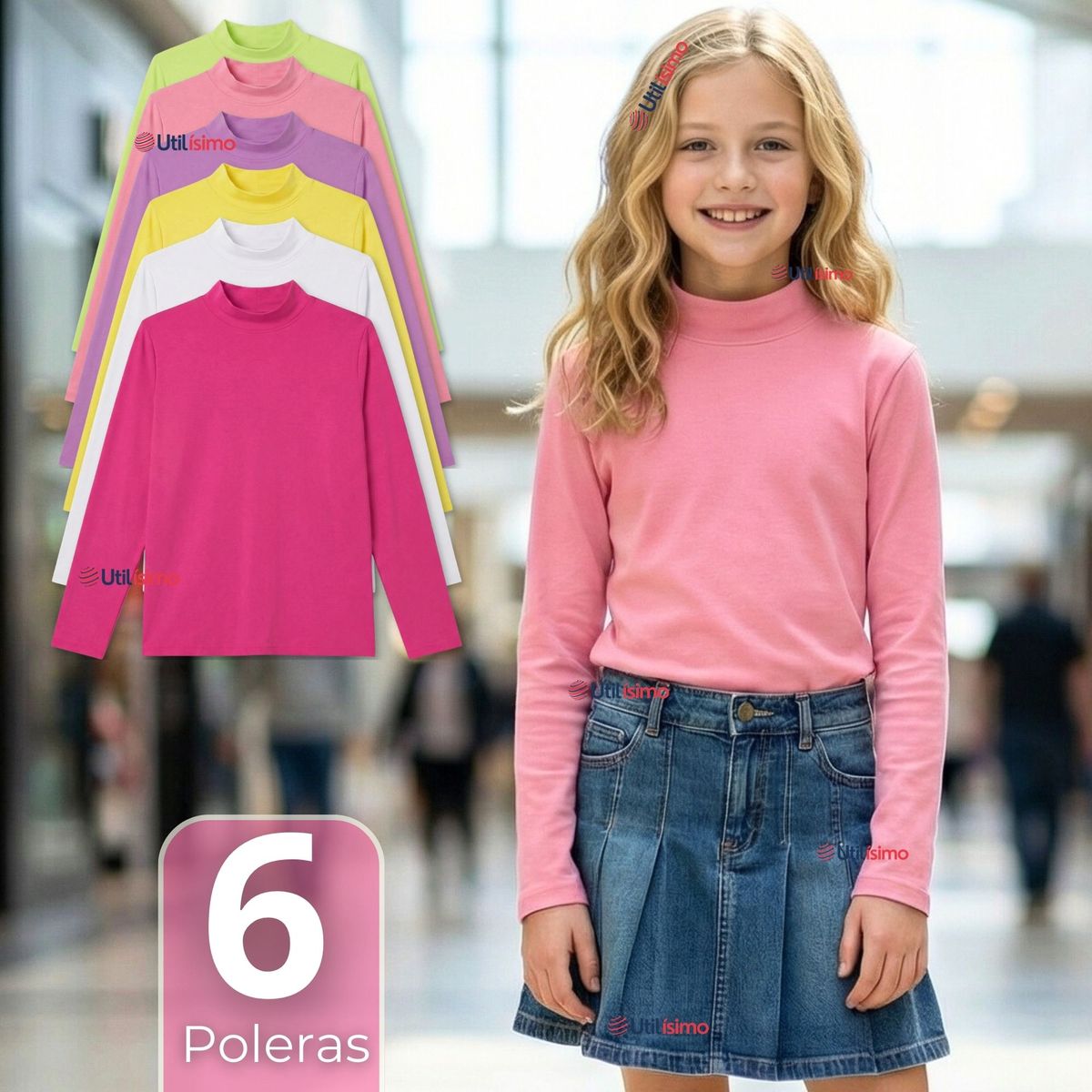 UTILISIMO - Pack 6 Poleras Camisetas Polar Primera Capa Cuello Beatle Manga Larga Colores Surtido Niña