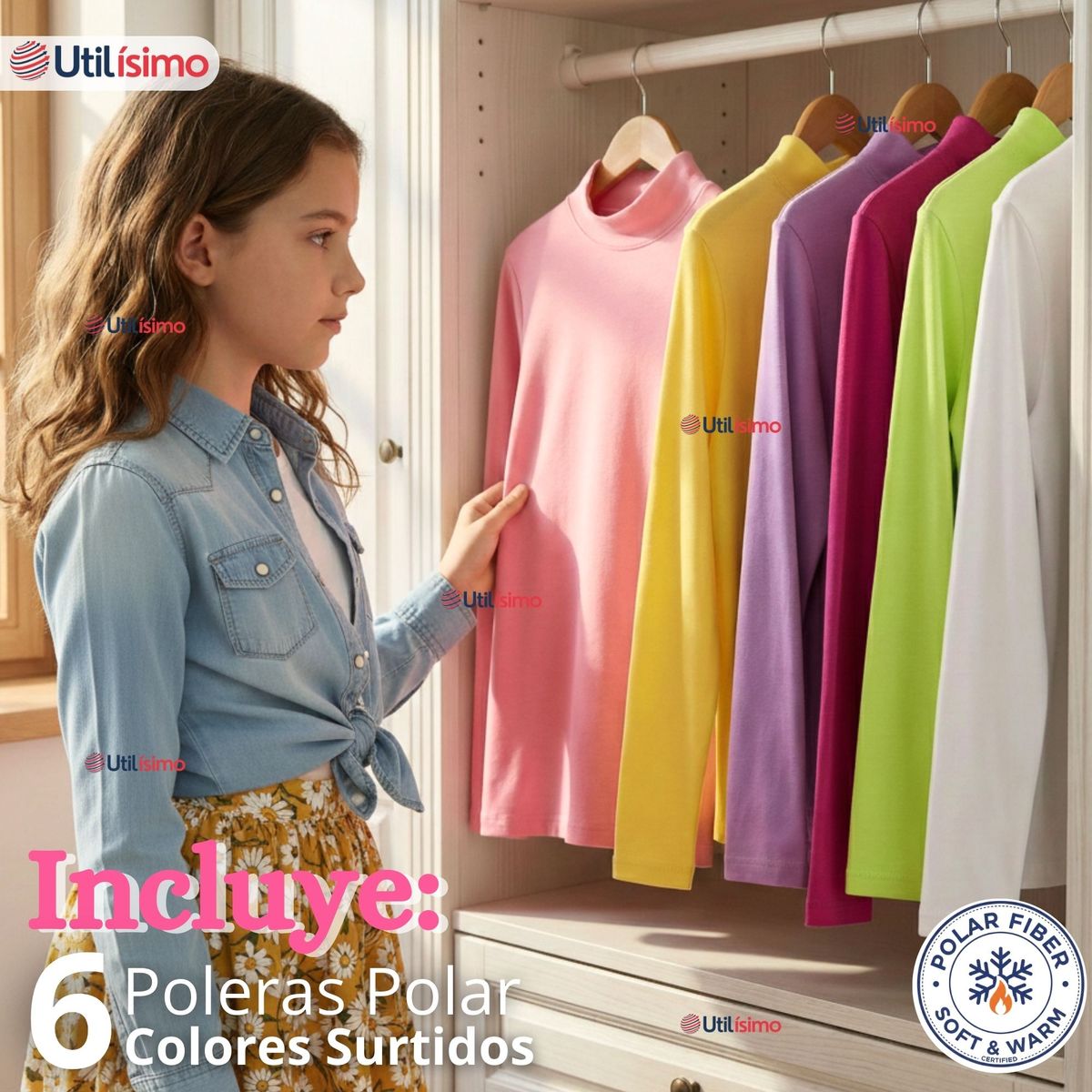 UTILISIMO - Pack 6 Poleras Camisetas Polar Primera Capa Cuello Beatle Manga Larga Colores Surtido Niña
