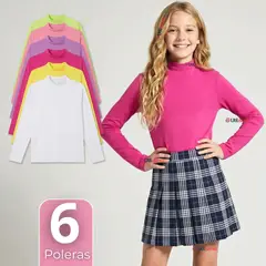 UTILISIMO - Pack 6 Poleras Camisetas Polar Primera Capa Cuello Beatle Manga Larga Colores Surtido Niña