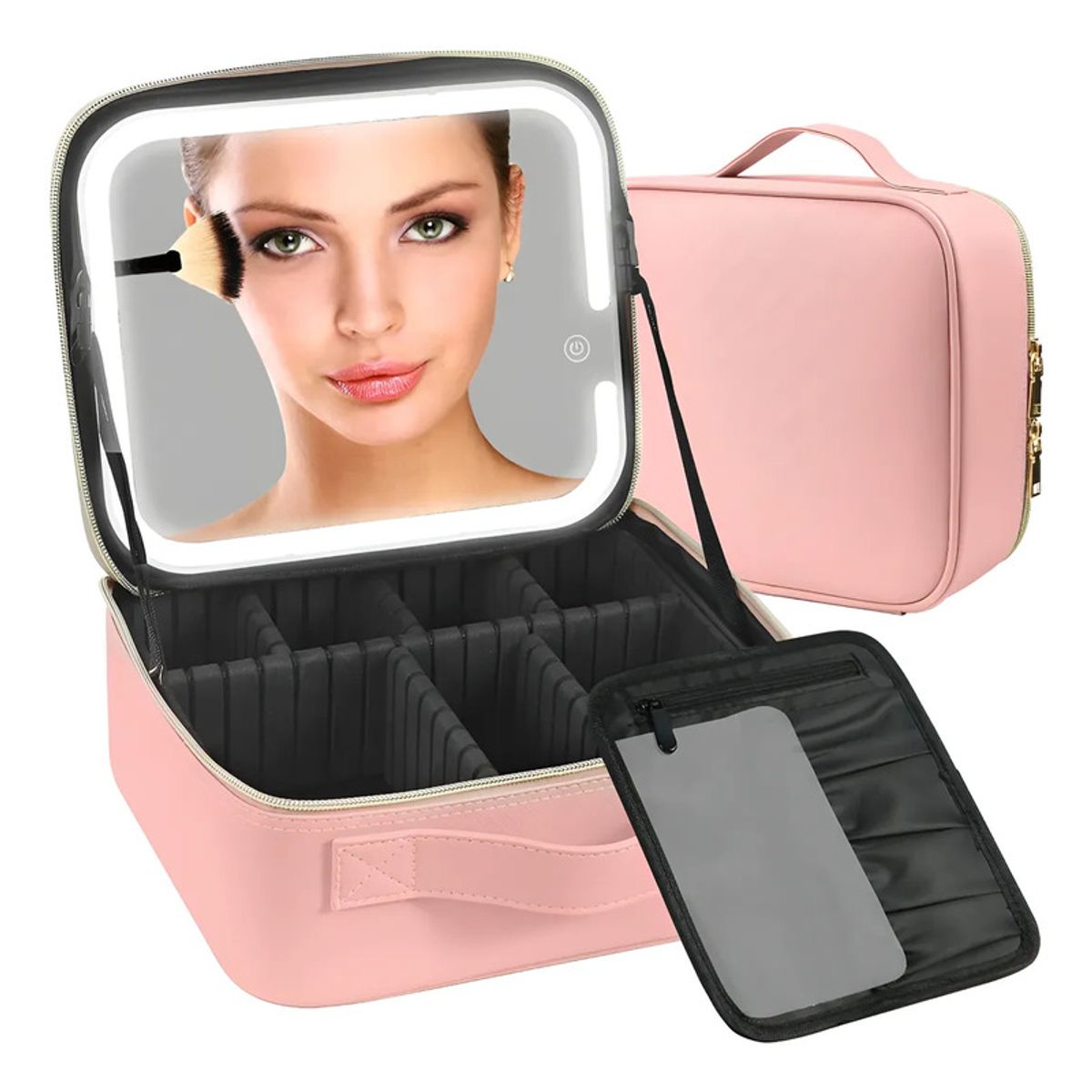 GENERICO - Organizador De Maquillaje Portátil Con Espejo Led Rosa