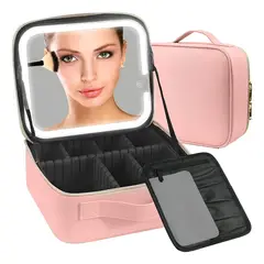GENERICO - Organizador De Maquillaje Portátil Con Espejo Led Rosa