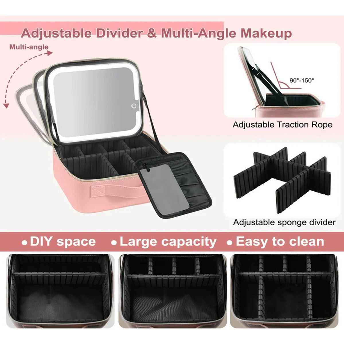 GENERICO - Organizador De Maquillaje Portátil Con Espejo Led Rosa