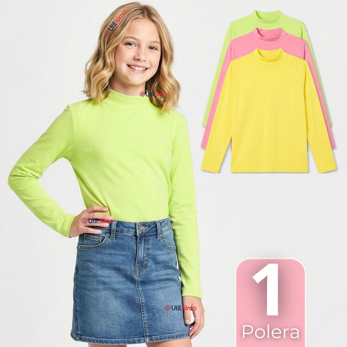 UTILISIMO - Polera Camiseta Polar Primera Capa Cuello Beatle Manga Larga Colores Surtido Niña