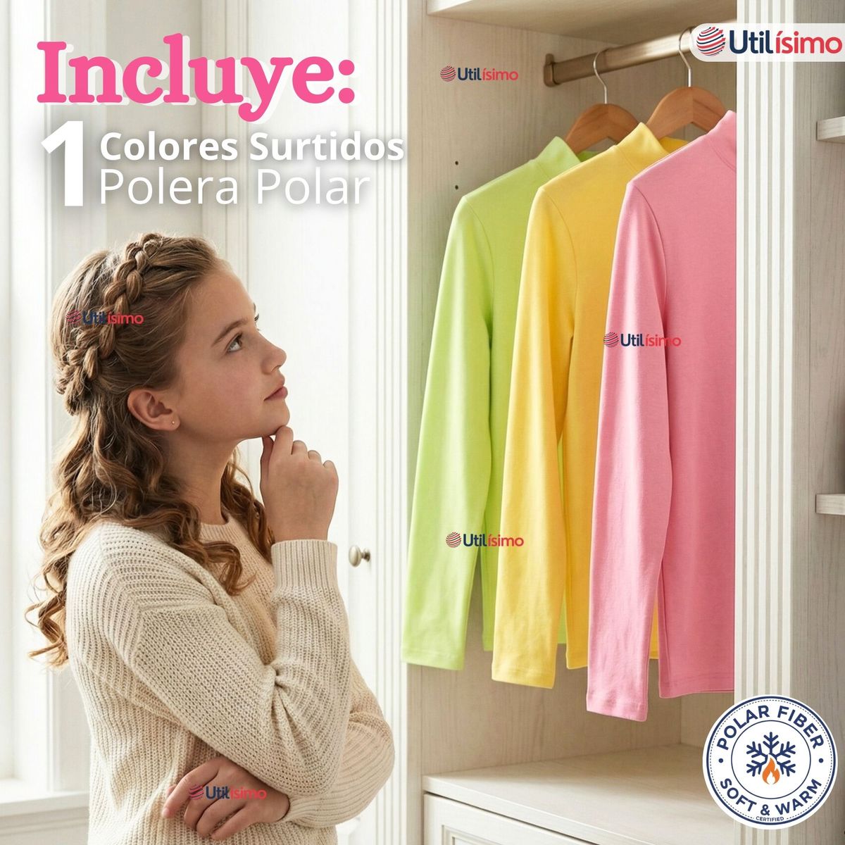 UTILISIMO - Polera Camiseta Polar Primera Capa Cuello Beatle Manga Larga Colores Surtido Niña